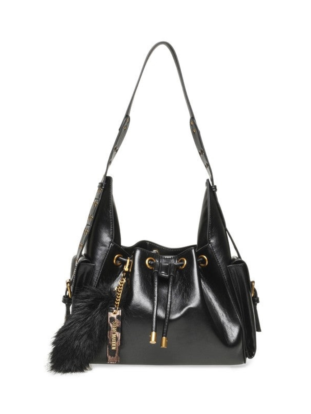 Steve Madden Black Drawstring Shoulder Bag with Gold Accents